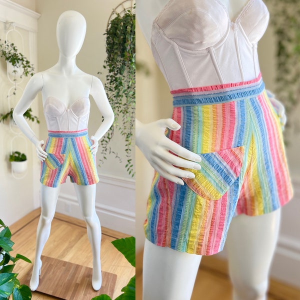 Vintage 1940s 1950s Shorts | 40s 50s Rainbow Striped Cotton High Waisted Pin Up Shorts (small)