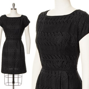 Vintage 1950s 1960s Dress 50s 60s Black Eyelet Lace Cotton Wiggle Sheath Summer LBD Day Dress medium image 1