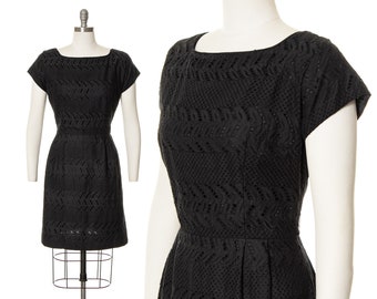 Vintage 1950s 1960s Dress | 50s 60s Black Eyelet Lace Cotton Wiggle Sheath Summer LBD Day Dress (medium)