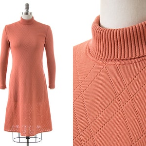 75 DRESS SALE /// Vintage 1970s Sweater Dress 70s Peach Pink Knit Acrylic Turtleneck Long Sleeve Dress xs/small/medium image 1