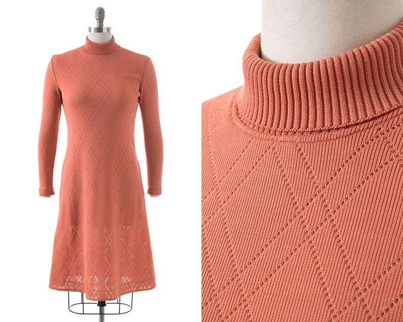 75 DRESS SALE /// Vintage 1970s Sweater Dress 70s Peach Pink Knit Acrylic Turtleneck Long Sleeve Dress xs/small/medium image 1