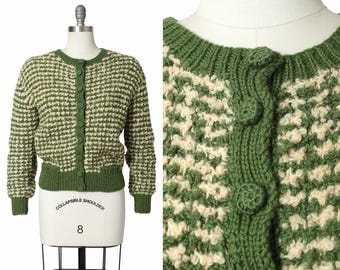 Cárdigan vintage de los años 50 / Suéter de punto bouclé verde a rayas de lana de los años 50 con botones / talla mediana