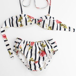 Vintage 1950s Bikini 50s Rose Floral Striped Printed Cotton Halter Bandeau Low Rise Smocked Swimsuit xs/small image 8