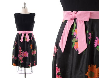 Vintage 1960s Party Dress | 60s Floral Print Silk Black Fit and Flare Sleeveless Sundress (medium)
