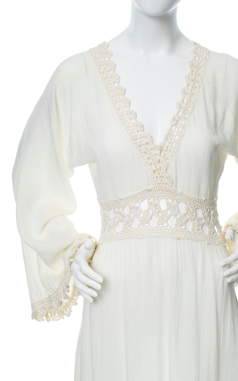 Vintage 1970s Dress 70s Cream Off-White Cotton Gauze Crochet Wide Bell Sleeve Full Length Maxi Boho Bridal Wedding Gown x-small/small image 6