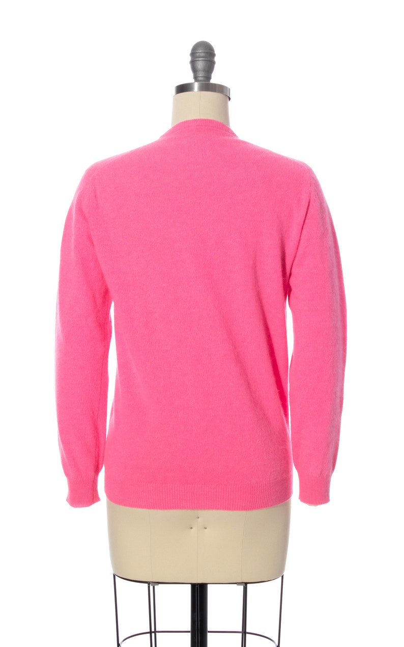 Vintage 1960s Cardigan 60s Hot Neon Pink Knit Wool Angora Mohair Button Up Long Sleeve Sweater Top x-small/small image 4