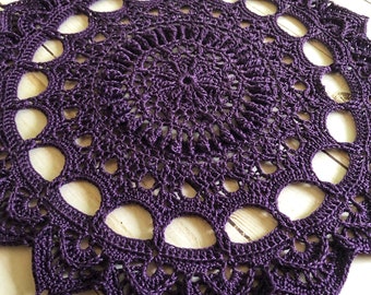 10" Round Deep Purple Doily, Handmade Crochet, Tilda Doily, Curio Eggplant