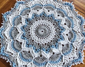 14” Gray and Blue Doily, Demeter Pattern, Handmade Crochet, Housewarming Gift