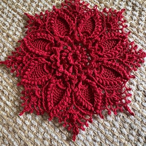 Small Round Red Doily, Handmade Crochet, Aurora Pattern