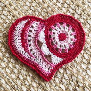 Crocheted Heart Doily: Red and Pink Love Yourself Mandala Pattern, Handmade Cotton Decor