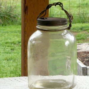 Vintage Owens-Illinois Glass Co Square Jar Jug with Rusty Lid & Fence Wire Handle