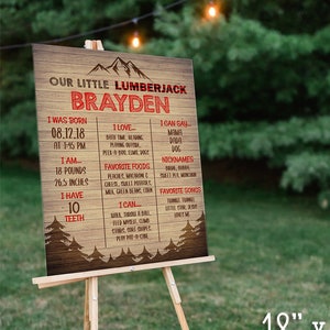 Lumberjack Buffalo Plaid Woodland Boys First Birthday Milestone Sign | Editable Templett Digital Download