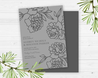 Penciled Peonies Hand Drawn Floral Wedding Invitation | Editable Templett Digital Download