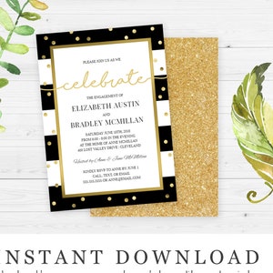 Sparkling Stripes Black and White Gold Glitter Engagement Party Invitation | Editable Templett Digital Download