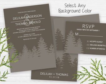 Modern Pine Silhouette Winter Wedding Invitation | Editable Templett Digital Download