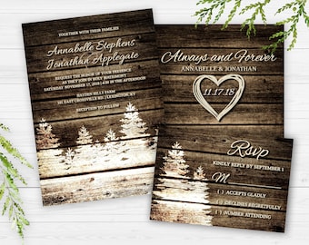 Rustic Barn Wood Pine Trees Winter Wedding Invitation | Editable Templett Digital Download