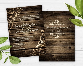 Barn Wood Damask Rustic Elegant Wedding Invitation | Editable Templett Digital Download
