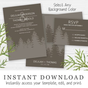 Modern Pine Silhouette Winter Wedding Invitation | Editable Templett Digital Download