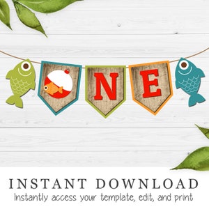 The Big One Vissen Thema Jongens Eerste Verjaardag Kinderstoel Banner | Bewerkbare Templett digitale download