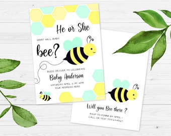 He or She what will Baby Bee Yellow and Mint Gender Reveal Party Invitation | Editable Templett Digital Download