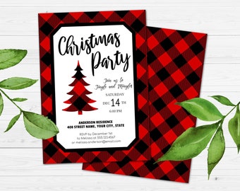 Red and Black Buffalo Plaid Farmhouse Christmas Party Invitation | Editable Templett Digital Download
