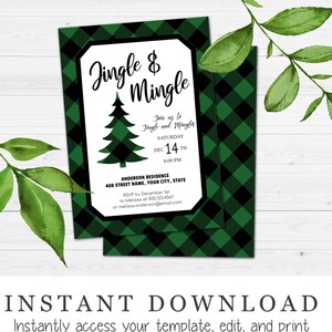 Green and Black Buffalo Plaid Farmhouse Jingle and Mingle Christmas Party Invitation | Editable Templett Digital Download