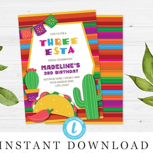 Three-Esta Mexican Fiesta Southwest Taco Themed Third Birthday Invitation | Editable Templett Digital Download