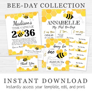 Honey Bee Girl&#39;s First Bee-Day Birthday Party Collection | Editable Templett Digital Download