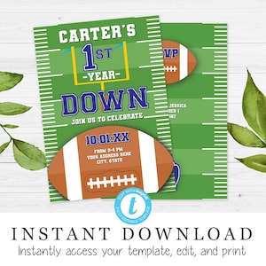 First Year Down Football Themed Boys First Birthday Invitation - Blue | Editable Templett Digital Download