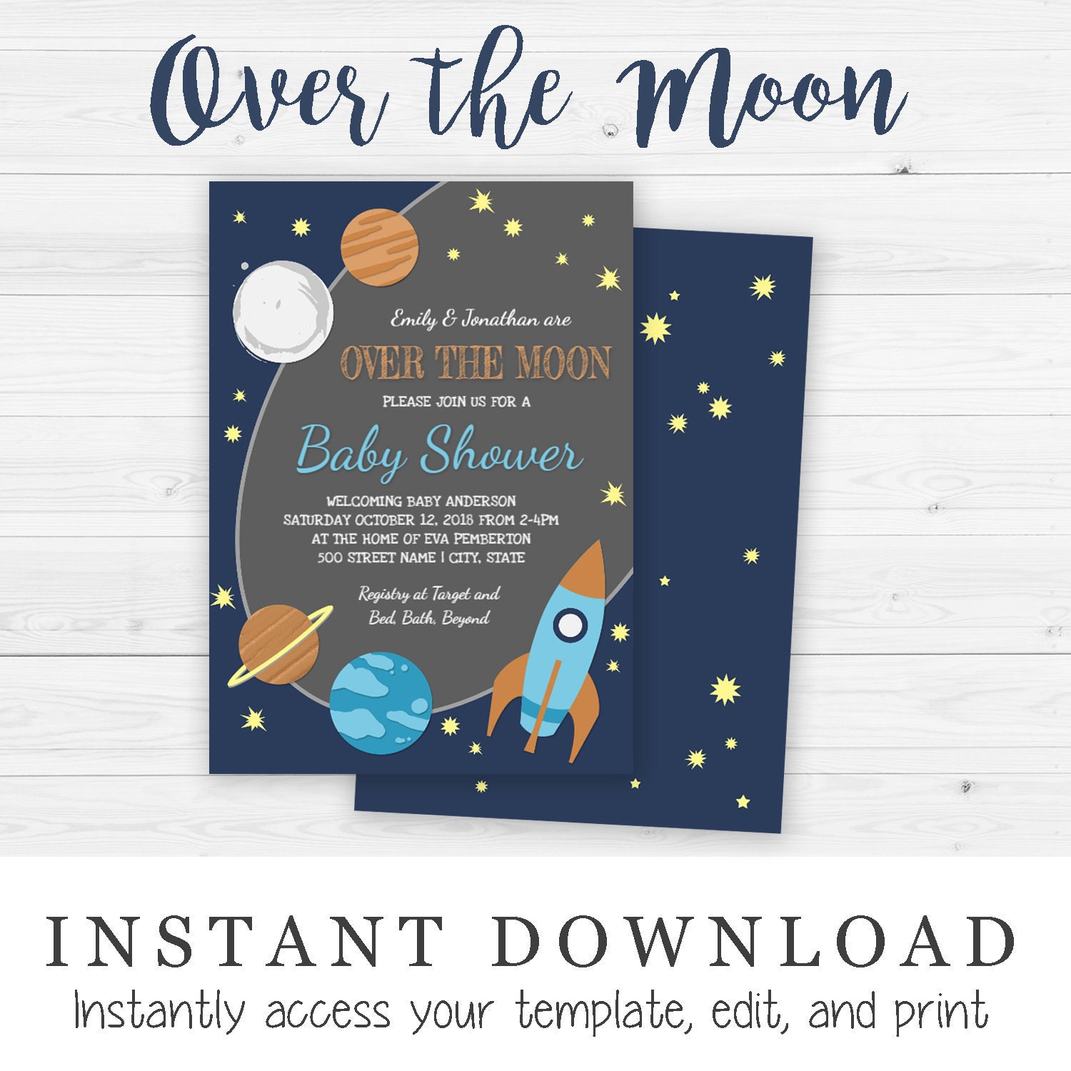 Over the Moon Outer Space Baby Shower Invitation Editable Templett
