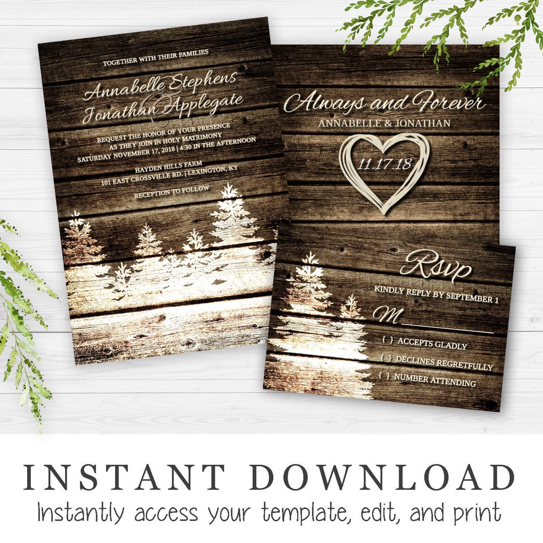 Rustic Barn Wood Pine Trees Winter Wedding Invitation | Editable ...