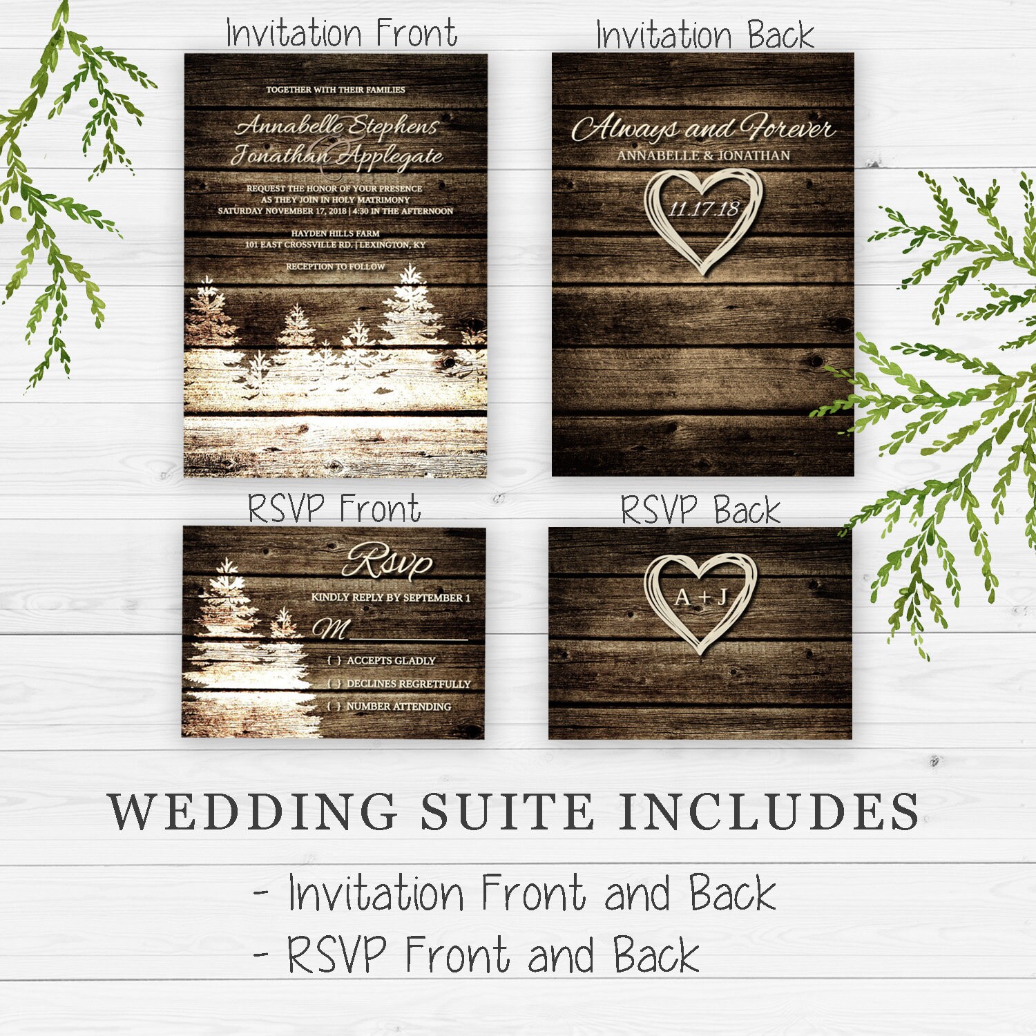 Rustic Barn Wood Pine Trees Winter Wedding Invitation | Editable ...