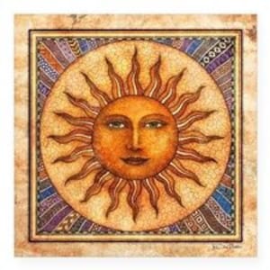May include: Square artwork featuring a sun with a face, radiating orange and yellow flames. The sun is centered within a circular design, surrounded by a patterned border of blue, purple, and gold. The artwork has a textured, aged appearance.