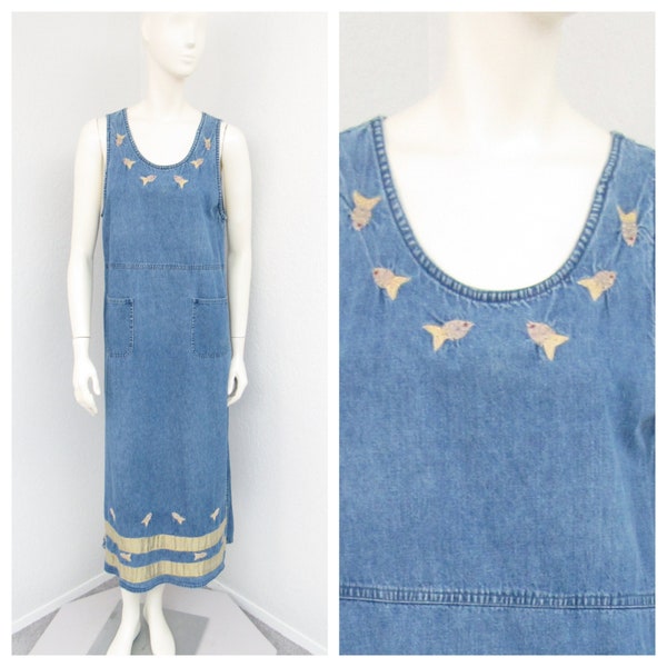 Vintage 90s Denim Jumper Dress, Fish Embroidered Jumper, Jean Jumper, Denim Dress, Maxi Dress, Overall Jumper, Overall Dress