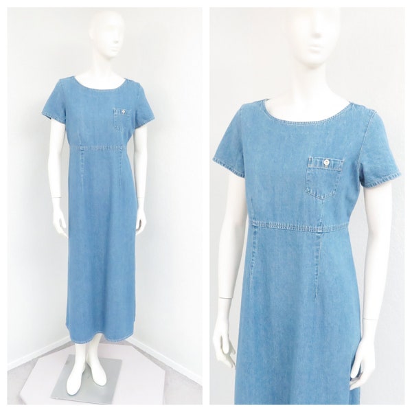 Vintage 90s Crazy Horse Denim Dress, Maxi Dress, Blue Jean Dress, Casual Dress, Short Sleeve Dress, Summer Spring Dress