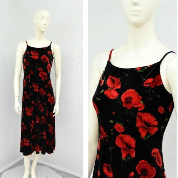 Vintage 90s Red and Black Velvet Dress, Spaghetti Strap Floral Dress, A Line Midi Dress, Formal Dress, Christmas Holiday Dress