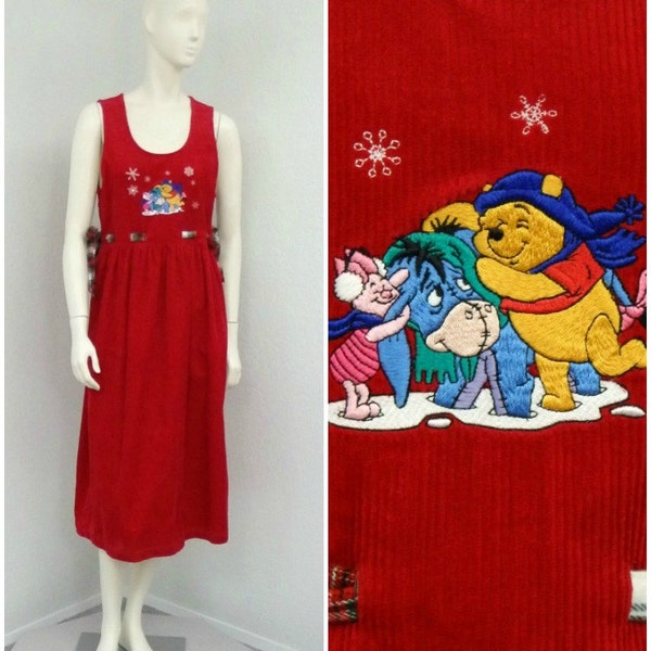 Vintage 90s Disney Red Corduroy Jumper Dress, Winnie the Pooh, Winter Jumper, Christmas Jumper, Disney Clothing, Corduroy Dress, Midi Dress