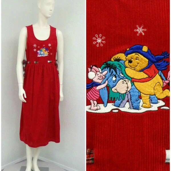 Vintage 90s Disney Red Corduroy Jumper Dress, Winnie the Pooh, Winter Jumper, Christmas Jumper, Disney Clothing, Corduroy Dress, Midi Dress
