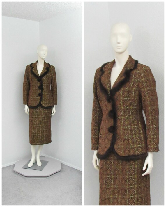 Vintage 90s Donna Vinci Brocade Brown Skirt Suit,