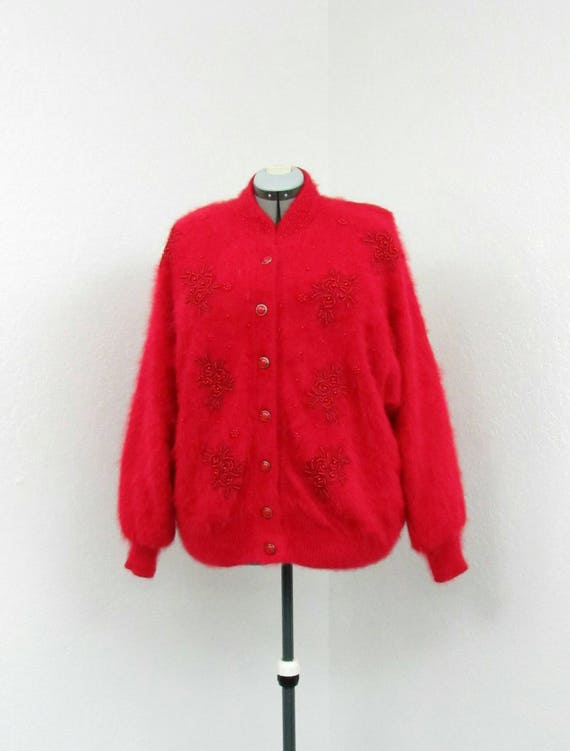 Vintage 80s Plus Size Red Cardigan Sweater, Angora