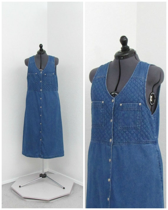Vintage 90s Denim Jumper Dress, Quilted Dress, Jea