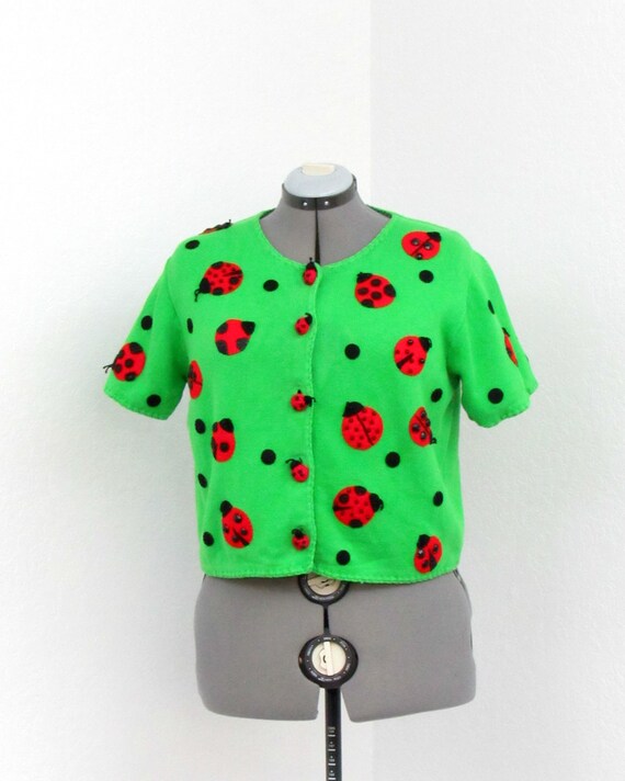 Vintage 90s Michael Simon Lime Green Ladybug Cardi