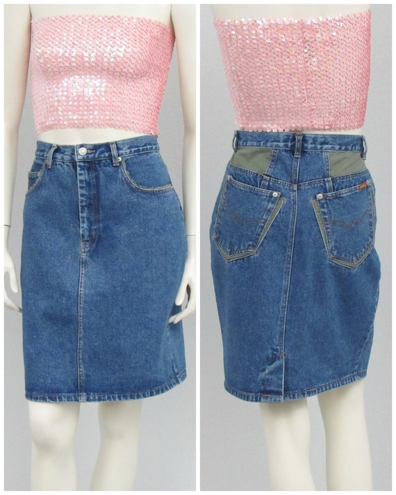 Vintage 80s Jordache Denim Skirt, Green Patches, F