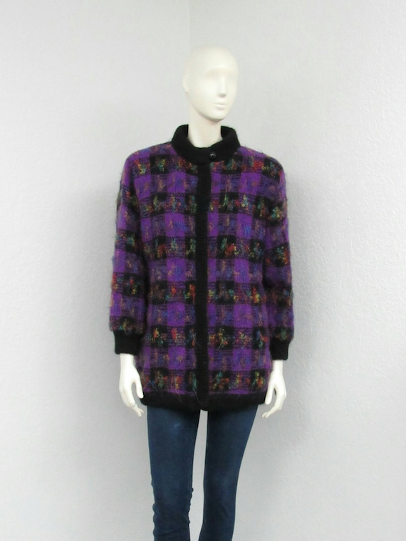 Vintage 80s Purple and Black Checked Cardigan Swea