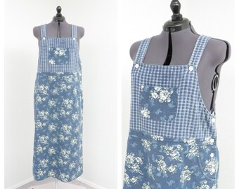 Vintage 90s Blue Skirt Overalls, Floral Jumper Dress, Maxi Dress, Overall Dress, Overall Jumper, Floral Dress, Casual Dress