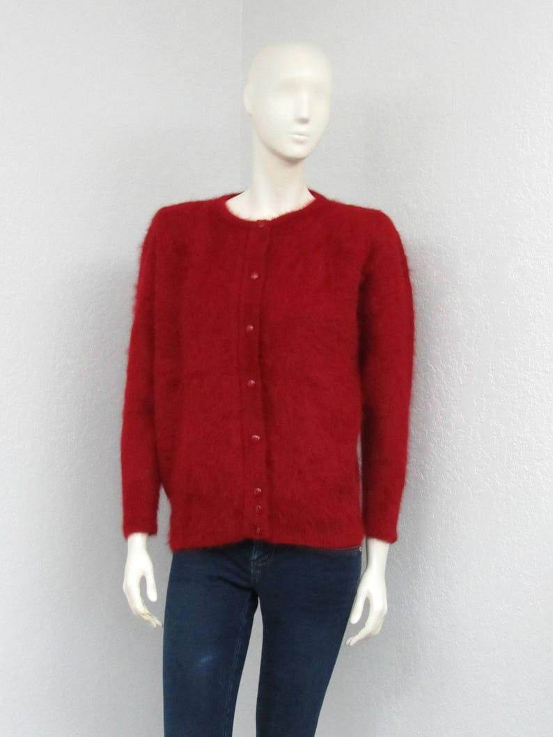 Fuzzy Cardigan Angora Sweater Oversized Cardigan Puff Sleeve Cardigan Christmas Sweater Vintage 80s Red Cardigan Sweater Knit Cardigan