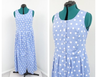 Vintage Y2K Chadwicks Periwinkle Blue Polka Dot Dress, Maxi Dress, Pleated Dress, Button Down Dress, Sleeveless Summer Dress, Casual Dress