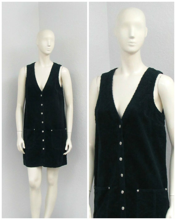 Vintage 90s Dark Green Corduroy Jumper Dress, Over