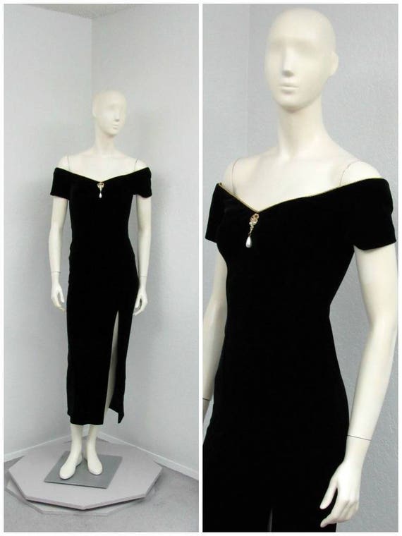 Vintage 80s Black Velvet Dress, Maxi Dress, Off Sh