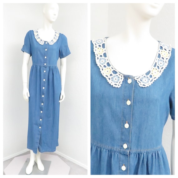 Vintage 90s Denim Dress, Crochet Peter Pan Collar… - image 1